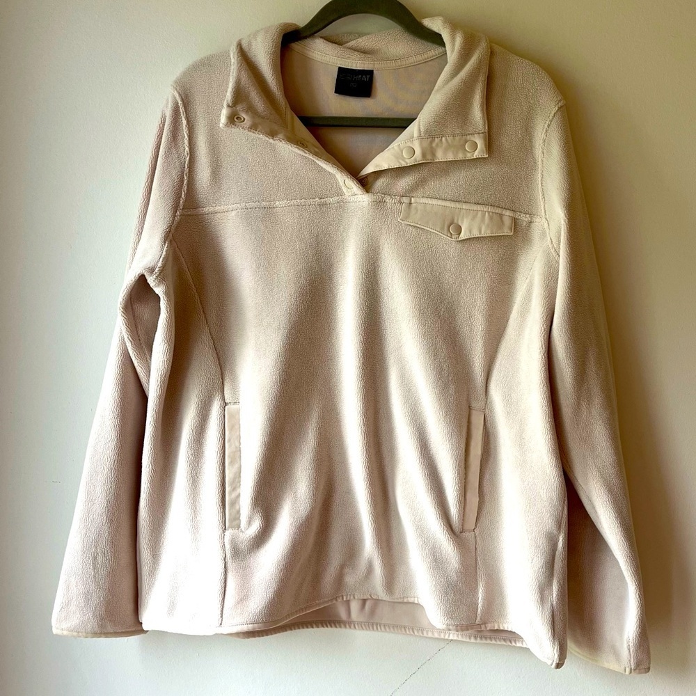 32 Degrees HEAT Beige Fleece Pullover Sweater L Sherpa Snap Collar Cozy Warm
